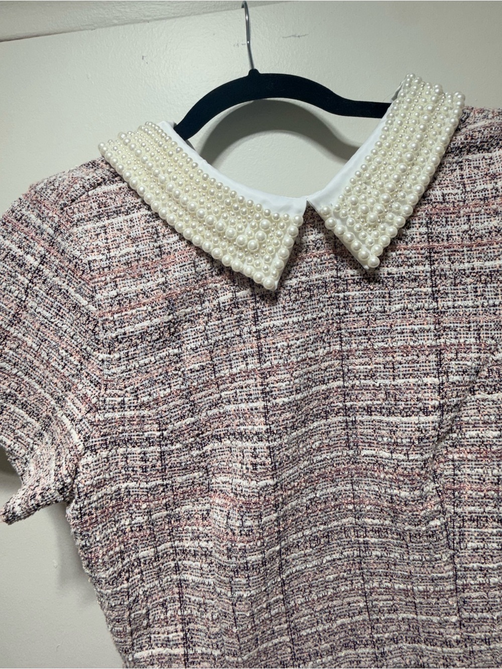 NEW! Francesca's Collections Pink & White Pearl-Collar Tweed Mini Dress - Picture 3 of 7